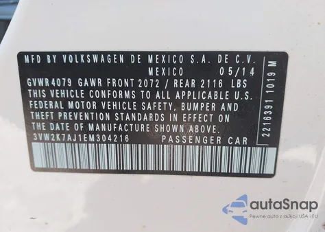 2014 Volkswagen Jetta 2.0L S from USA, damaged, VIN 3VW2K7AJ1EM304216